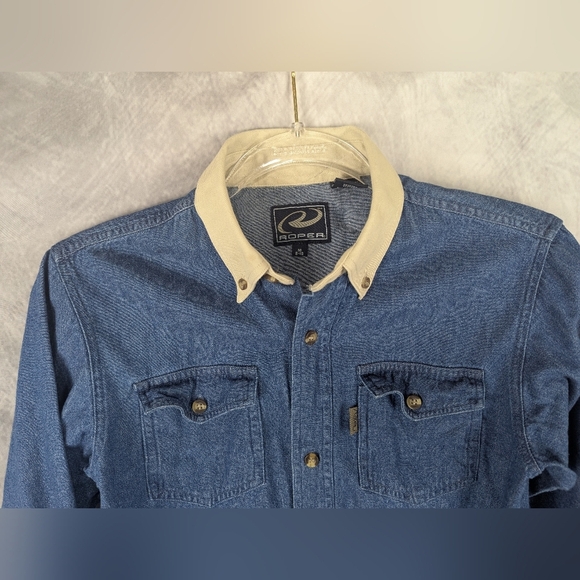 Roper Size Medium 6-8 Youth Button Down Shirt Denim Tan Collar - Picture 3 of 11